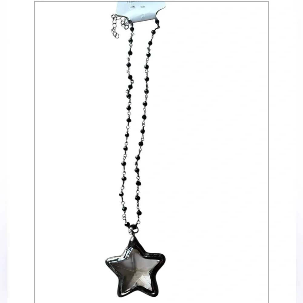 Glass Star Pendant Necklace with Black Beads